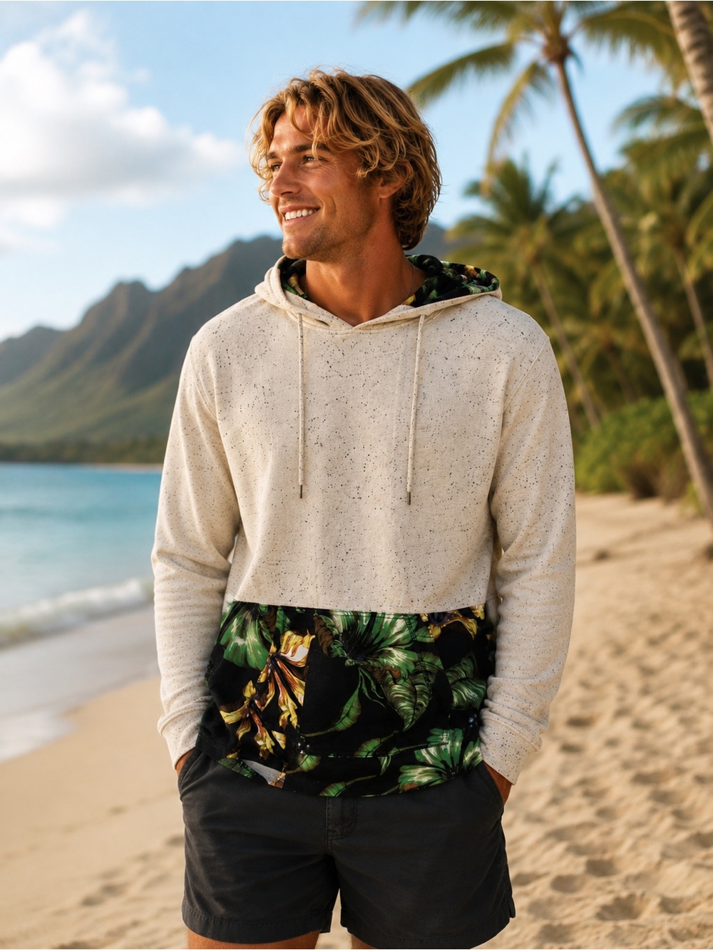 On The Byas Neutral Speckled Hoodie Y2K with Tropical Trim - Large